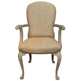Painted French armchairs with burlap upholstery