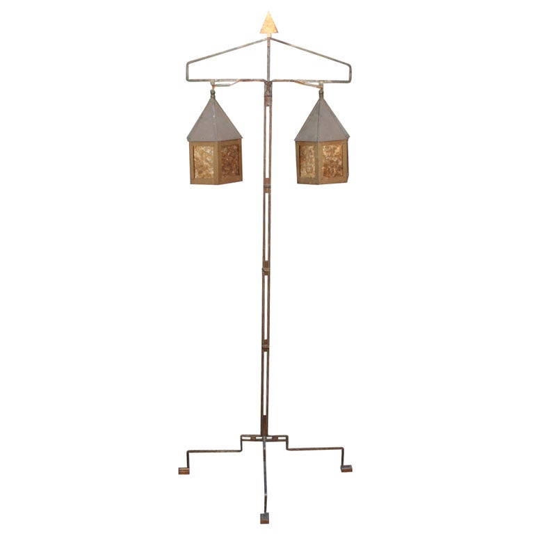 Early Mission Mica and Copper Two Lantern Floor Lamp