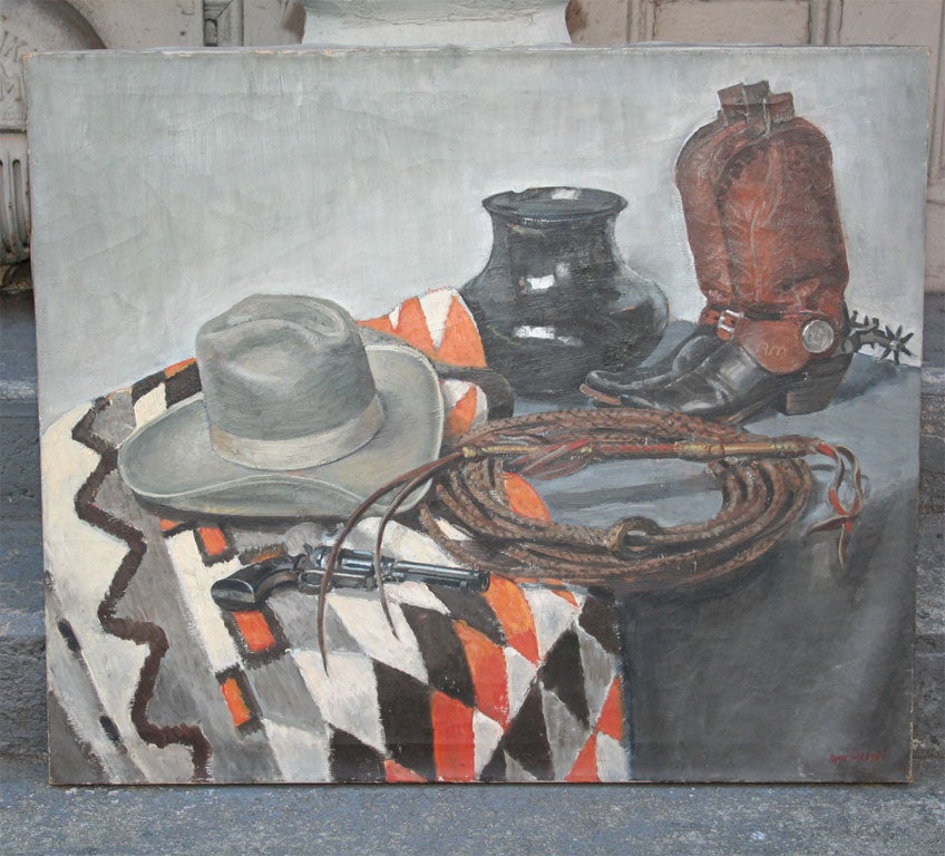 Western still life oil painting by listed artist Ruth Wilcox-Soho Location.