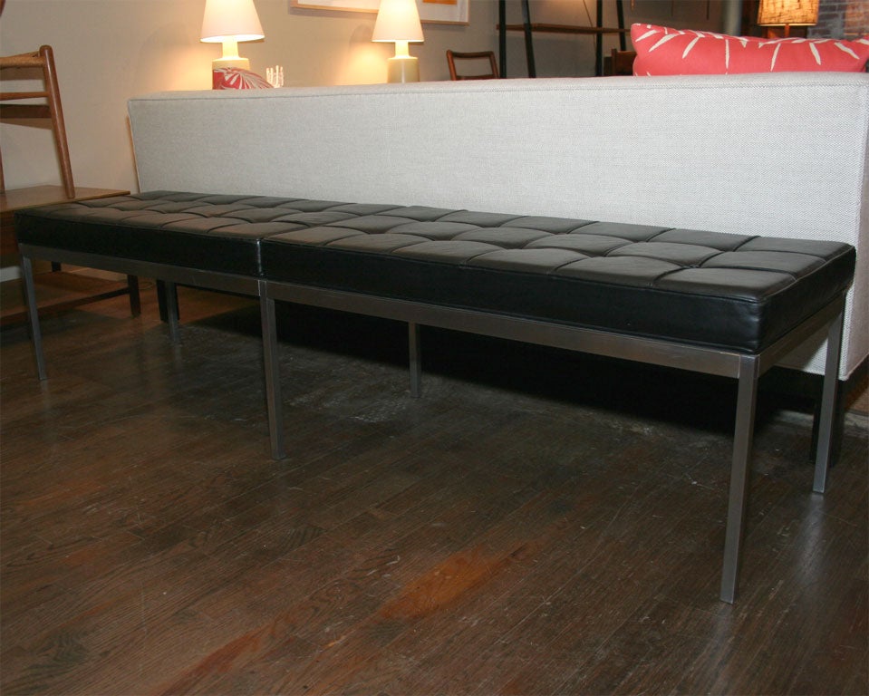 Black leather Florence Knoll bench with stainless steel frame