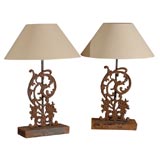 Pair of Aged Iron Decorative Lamps with Bird of Paradise Design