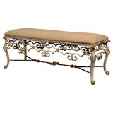 Custom Designed Antiqued Louis XV Style Iron & Upholstered Bench