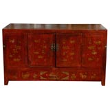19th C. Qing Dynasty Painted Cabinet on a Red Background