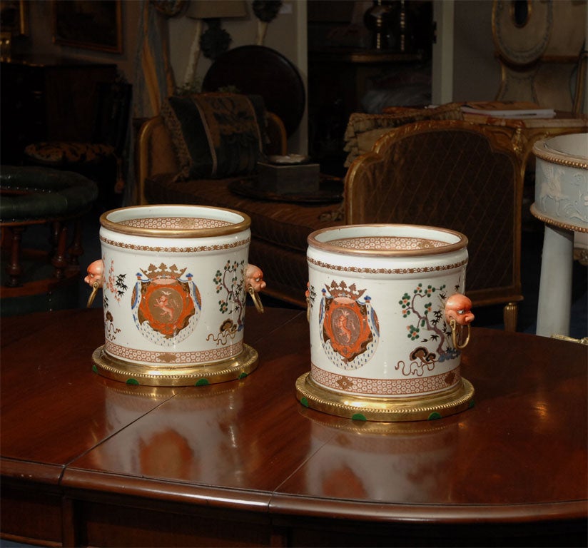 Pair: Chinese Export Gilt Bronze Mounted Porcelain Cachepots