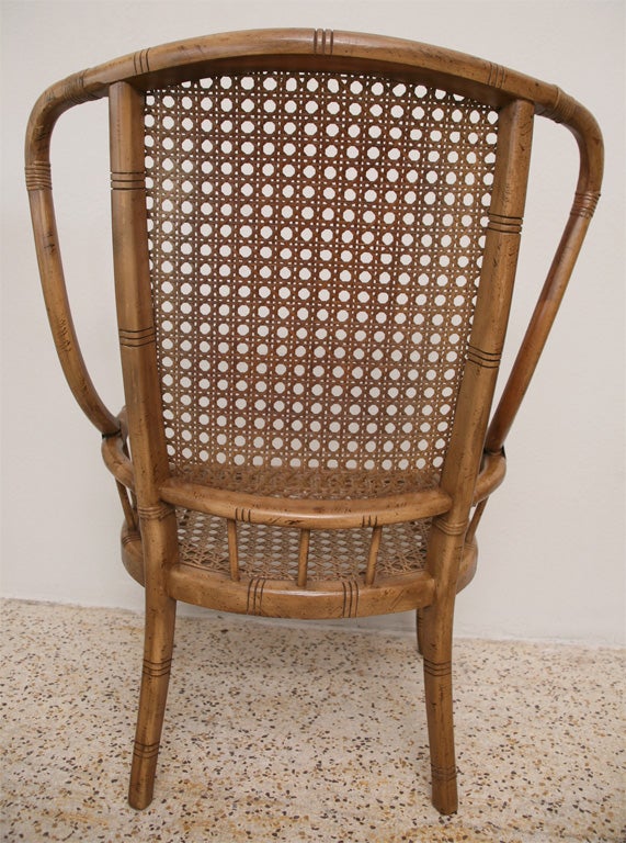 Wood Pair of 70's Faux Bamboo and Wicker Wing Chairs