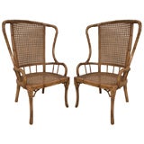 Vintage Pair of 70's Faux Bamboo and Wicker Wing Chairs