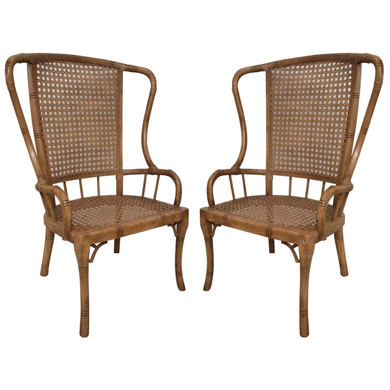 Pair of 70's Faux Bamboo and Wicker Wing Chairs