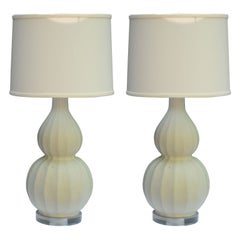 A Pair of Celadon Shagreen Fluted Gourd Lamps
