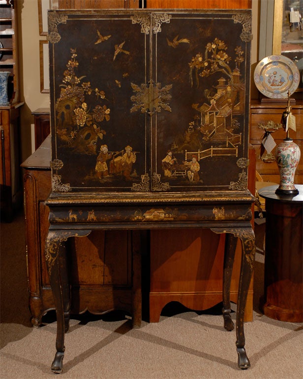 English Chinoiserie Ebonized & Painted Cabinet-on-Stand, c. 1900