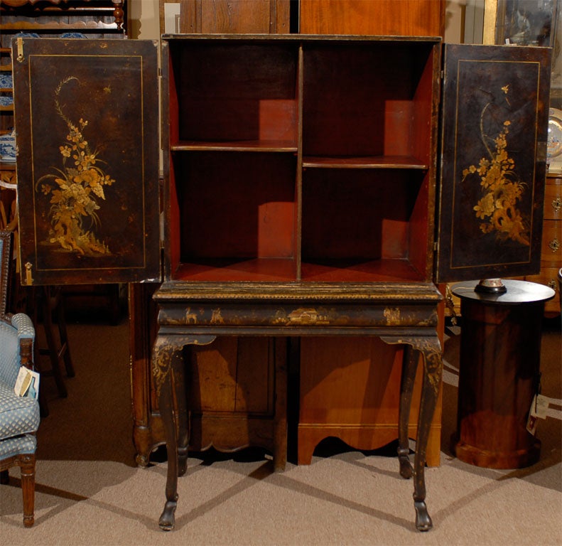 20th Century Chinoiserie Ebonized & Painted Cabinet-on-Stand, c. 1900