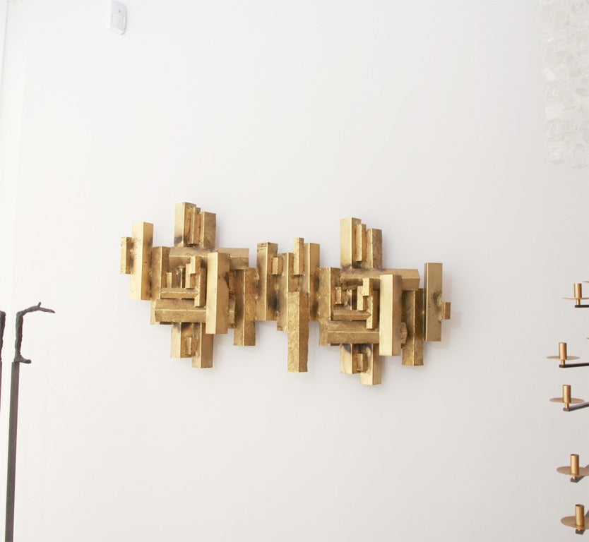Unique geometric sculptural piece from Jere. Burnished gold tones accentuate the forms of this piece. Signed 