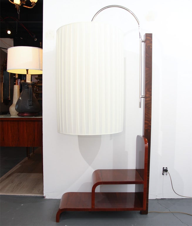 Exceptional Art Deco Waterfall Walnut floor lamp with chromed arm and custom shade. Shade measures 22