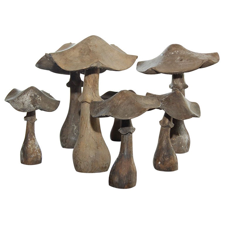 COLLECTION OF WHIMSICAL CARVED WOODEN MUSHROOMS.