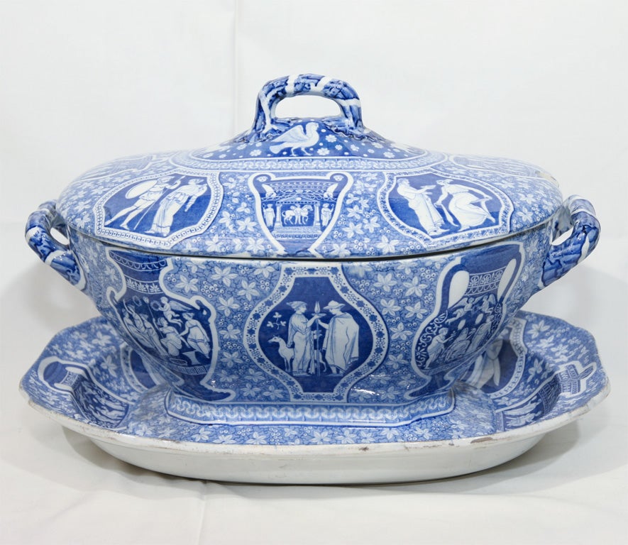 A Spode, Blue and White, Tureen with classical figures and mythological animals printed on earthenware.<br />
According to Leonard Whiter's 