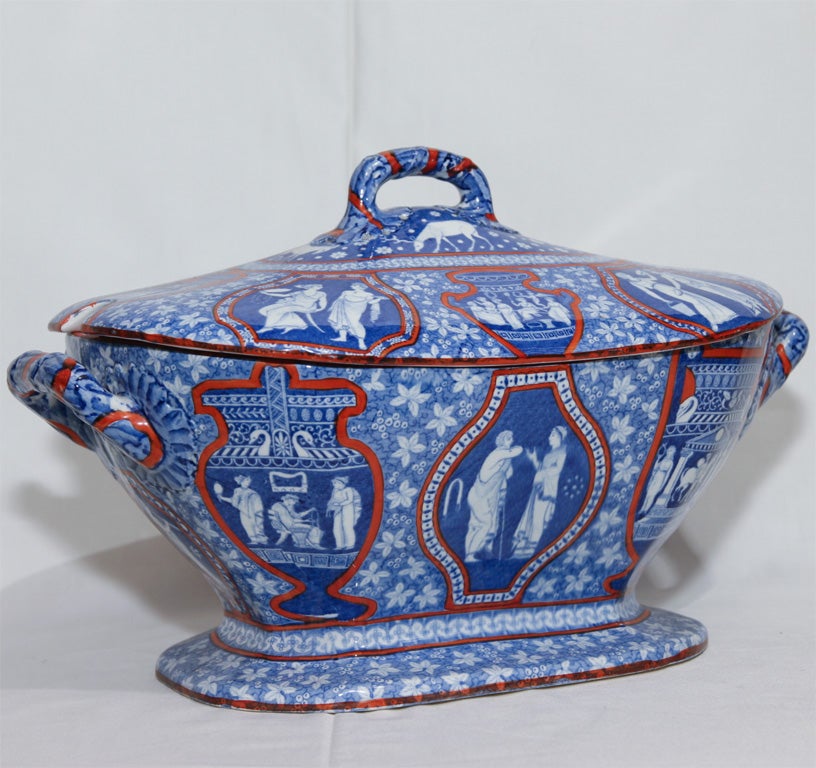 Description: This Spode, Clobbered, Greek Pattern Tureen has classical figures printed on earthenware.<br />
According to Leonard Whiter's 