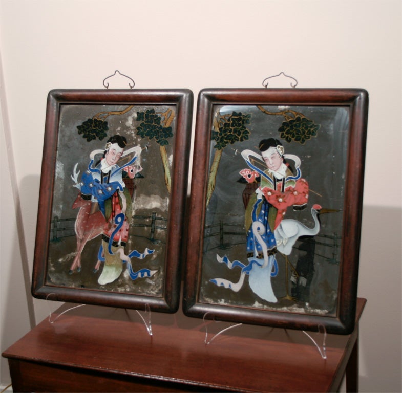 Pair of Reverse painted and MIrrored Japanais Paintings