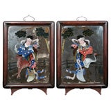 Pair of Reverse painted and MIrrored Japanais Paintings