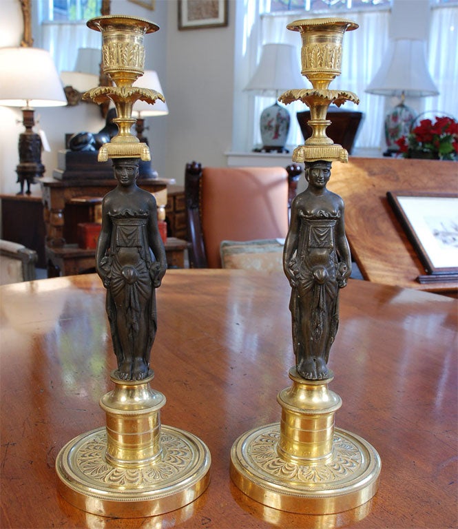 Pair of Regency Gilt and Patinated Bronze Figural Candlesticks