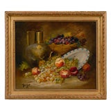 Antique Oil on canvas Still Life of Fruit and a Copper Pitcher by Gardel