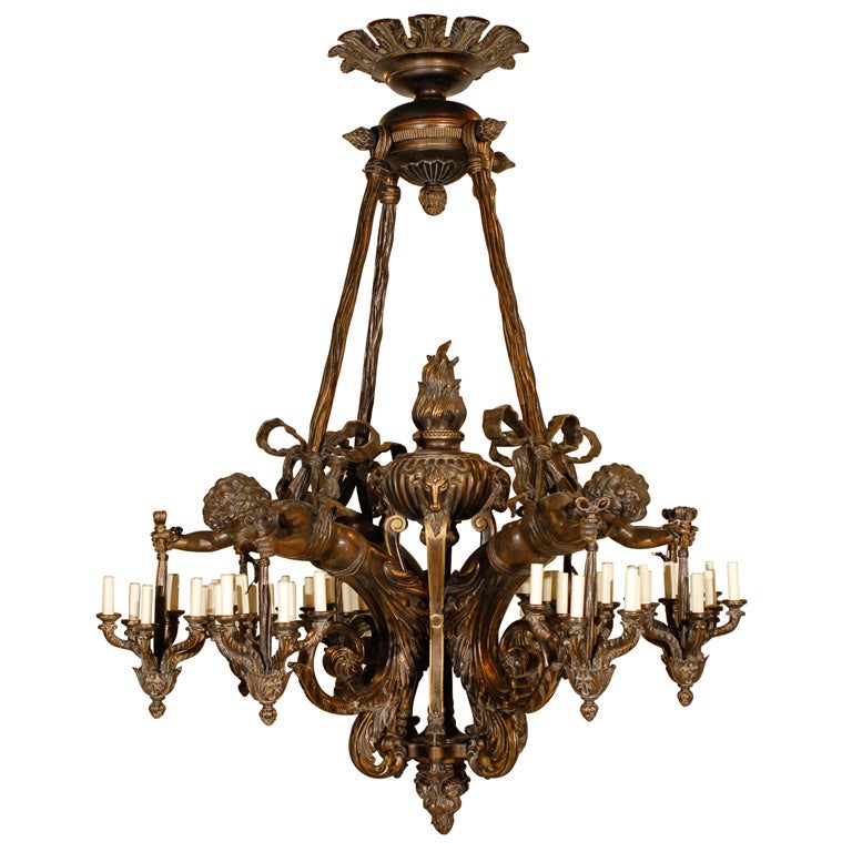 Wood and bronze chandelier with cherubs For Sale at 1stdibs