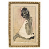 Vintage Little Black Girl wearing a white dress charcoal and paint