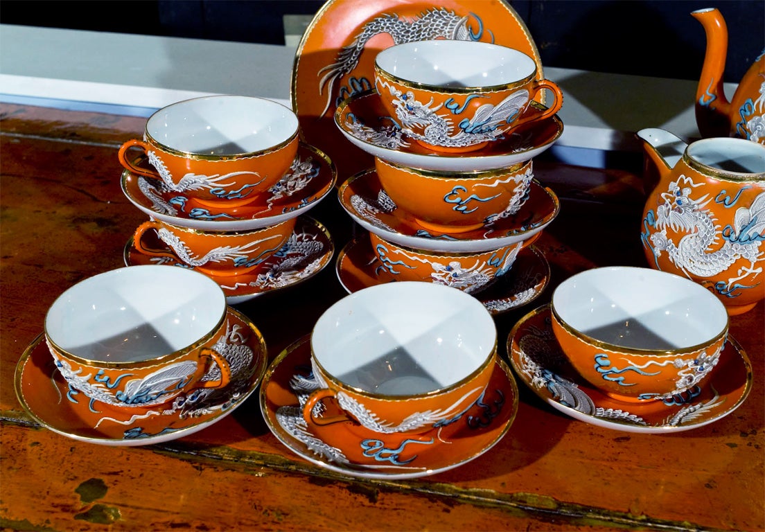 Pottery Orange Dragon Tea Set . Call your favorite take out now!
