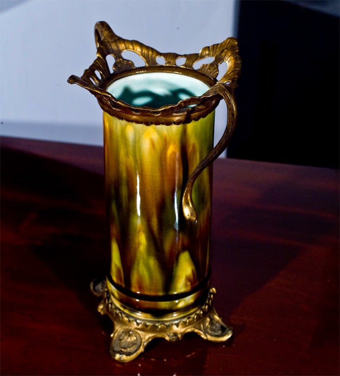 Majolica and brass pottery  majolica vase with beautiful colors.