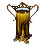 Antique Majolica and brass pottery  majolica vase with beautiful colors.