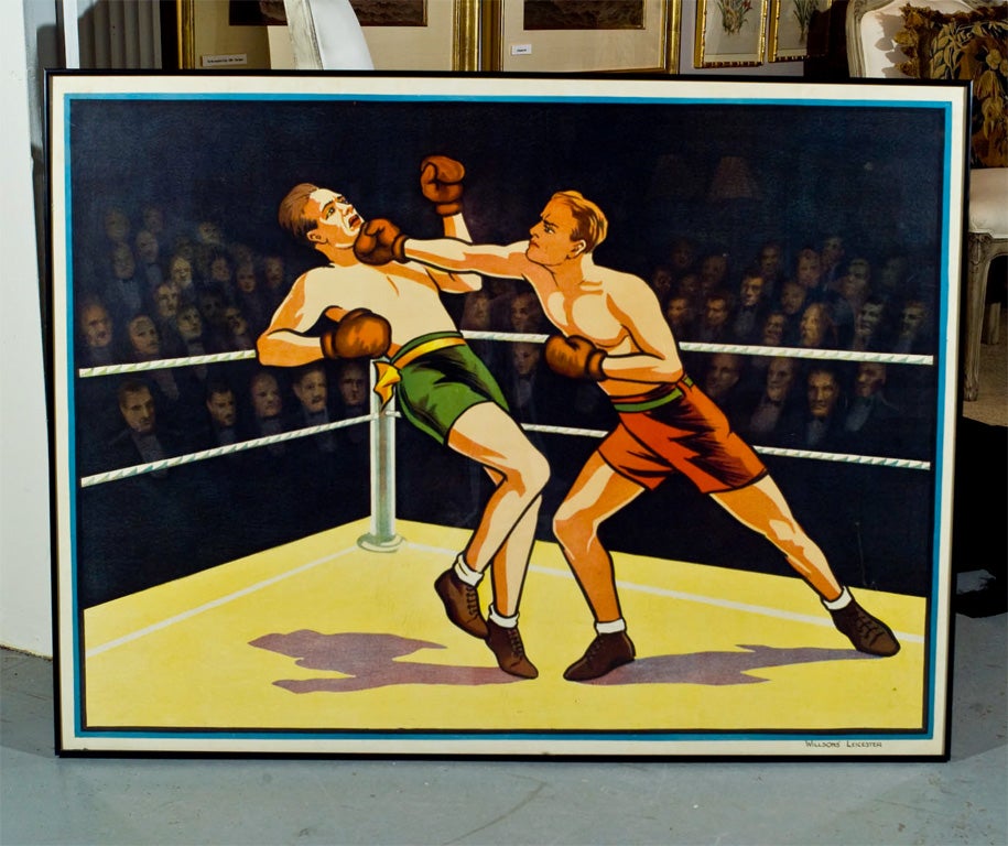 Large Boxing Poster.  Two men box in front of a captivated crowd. Tremendous impact on a playroom, poolroom, den or office.  Forty by thirty and a half inches.  This is a poster filled with action, color and personality.  Perfect for any CEO from