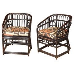 Pair of Vintage Rattan Chairs w/ Kuba Cloth Upholstery