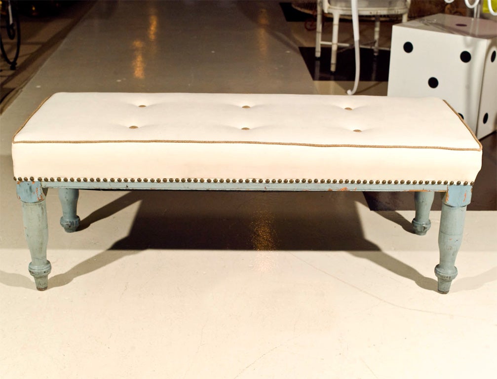 Upholstered Swedish Blue Painted Bench Ottoman with nailheads
