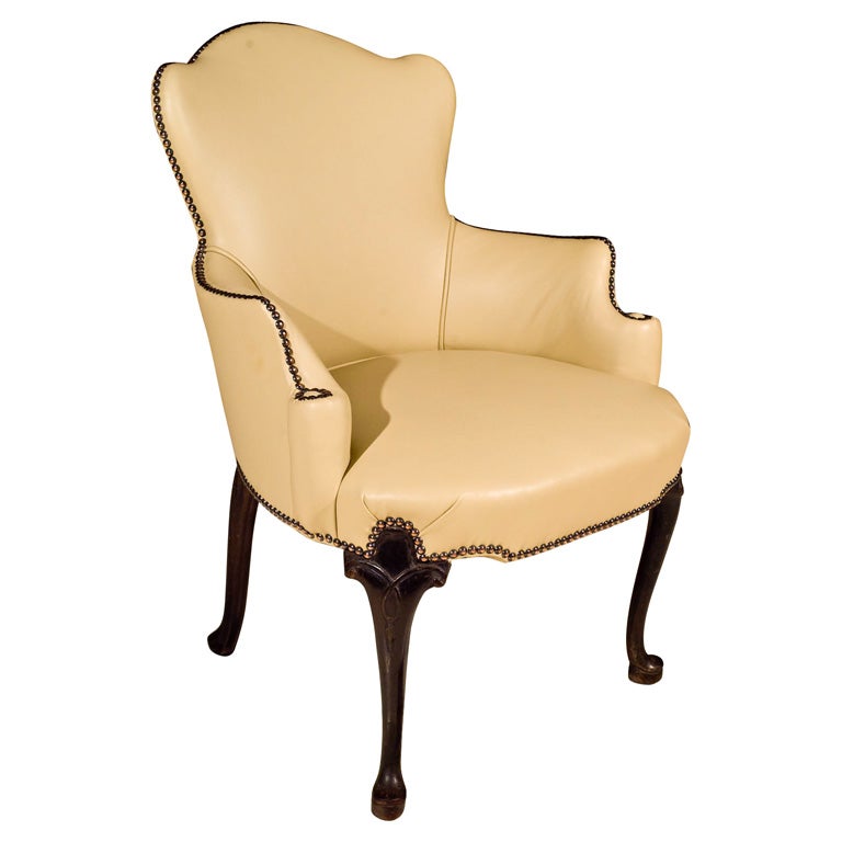 PAIR Antique Mahogany Fireside Chairs Leather and Brass studs at 1stDibs
