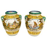 PAIR Italian Majolica LARGE Decorator Urns ANTIQUE
