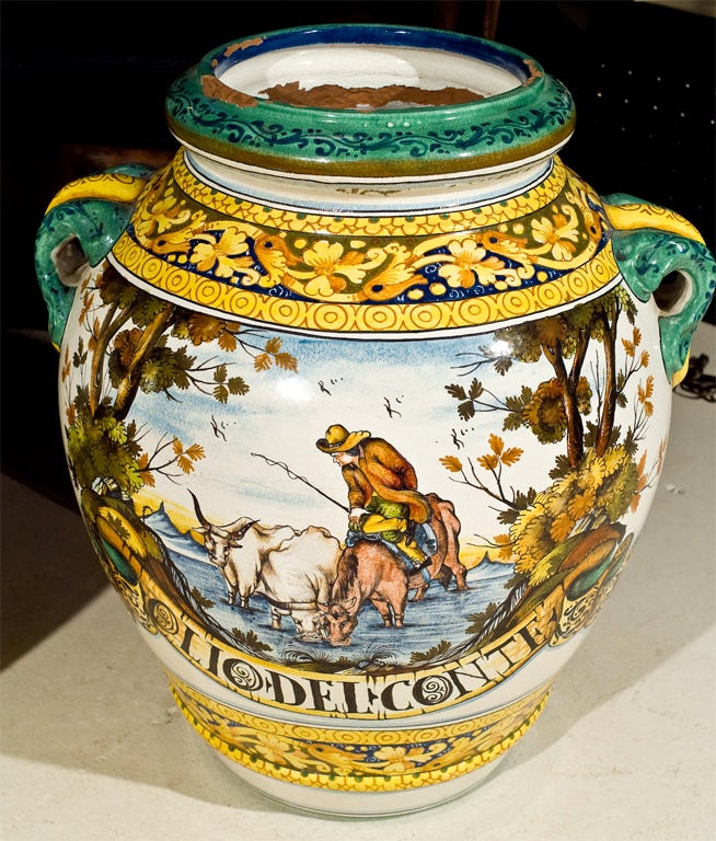 PAIR Italian Majolica LARGE Decorator Urns ANTIQUE