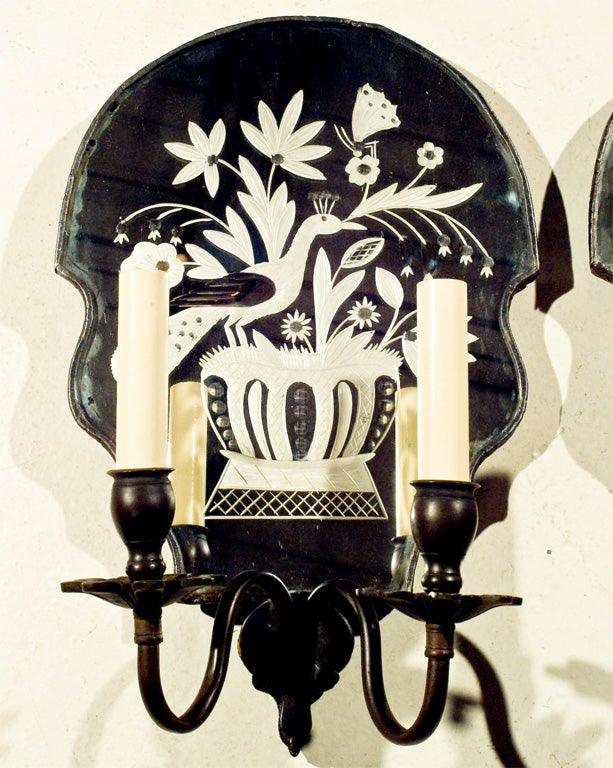PAIR French Two Light Sconces with Etched Mirror Backs