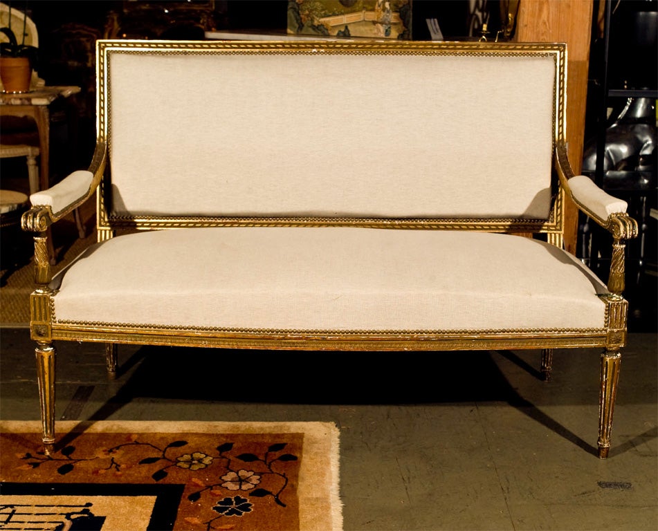 Louis XVI Style Gilded Settee Sofa Linen