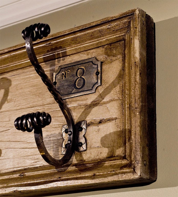 Steel Vintage French Coat Hooks mounted  on board- polished steel