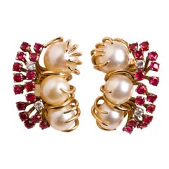 Fab Earrings 1940's Mod Rubys, Diamonds and culutred Pearls