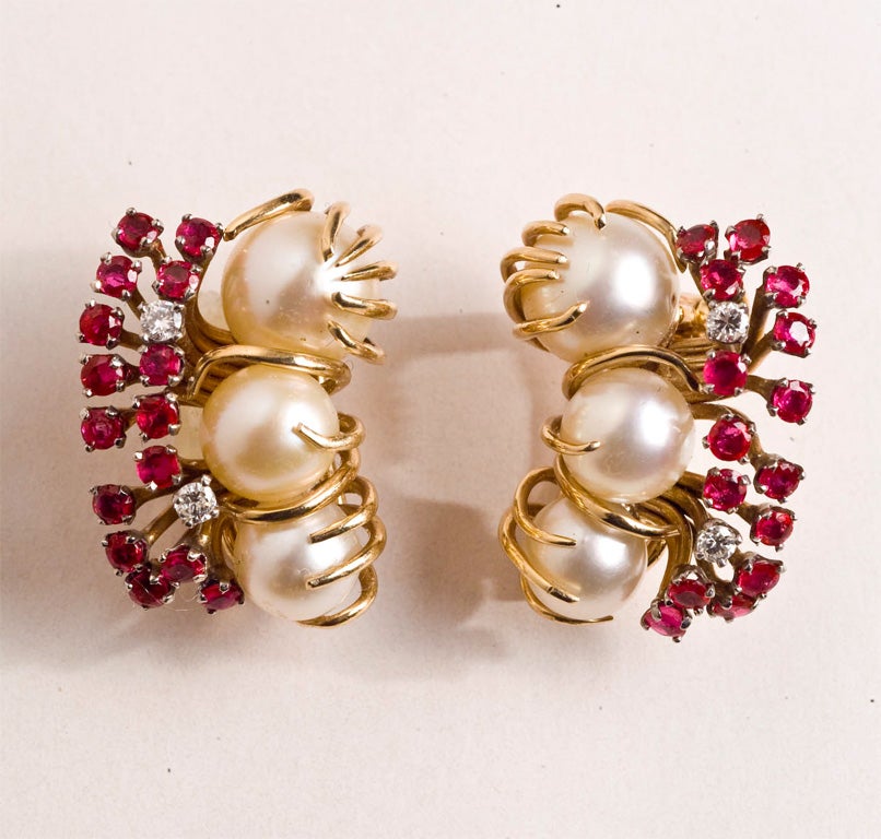 Fab Earrings 1940's Mod Rubys, Diamonds and culutred Pearls