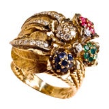 1960's Cocktail Ring 18kt Gold Sapphire, Diamond, Ruby, Emerald