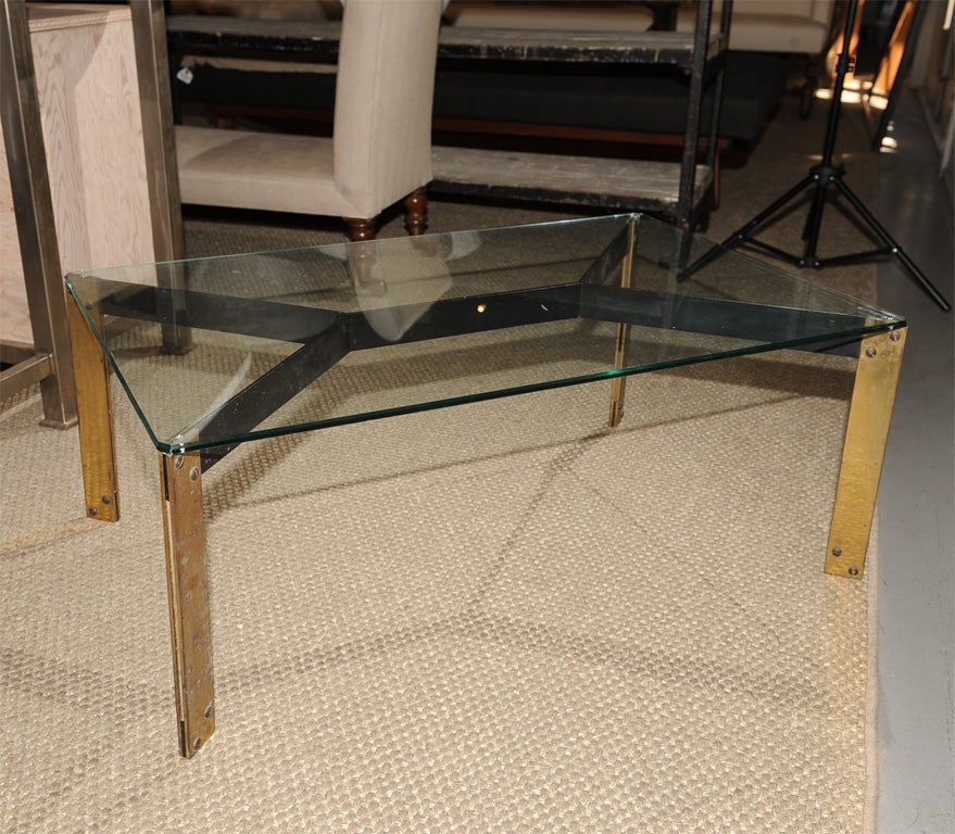 French Metal Base Coffee Table with Glass Top In Excellent Condition For Sale In San Francisco, CA