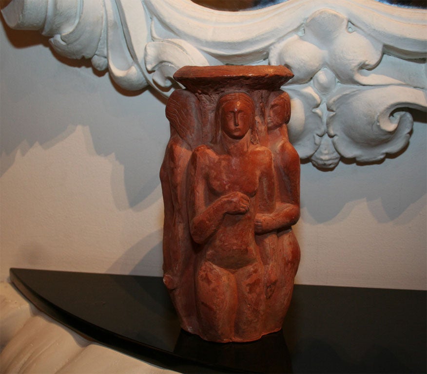 Terracotta vase depicting The Three Graces by Luzanowski, Russian, 1920s, signed. <br />
10 3/4