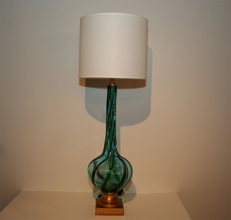 Pair of Sky Blue Spiral Striped Murano Glass Lamps