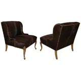 Pair of Wingback Chairs in Brown Hide and Gilded Queen Ann Legs