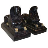 Large Scale Pair of Crackled Marble Sphinx Floor Statues