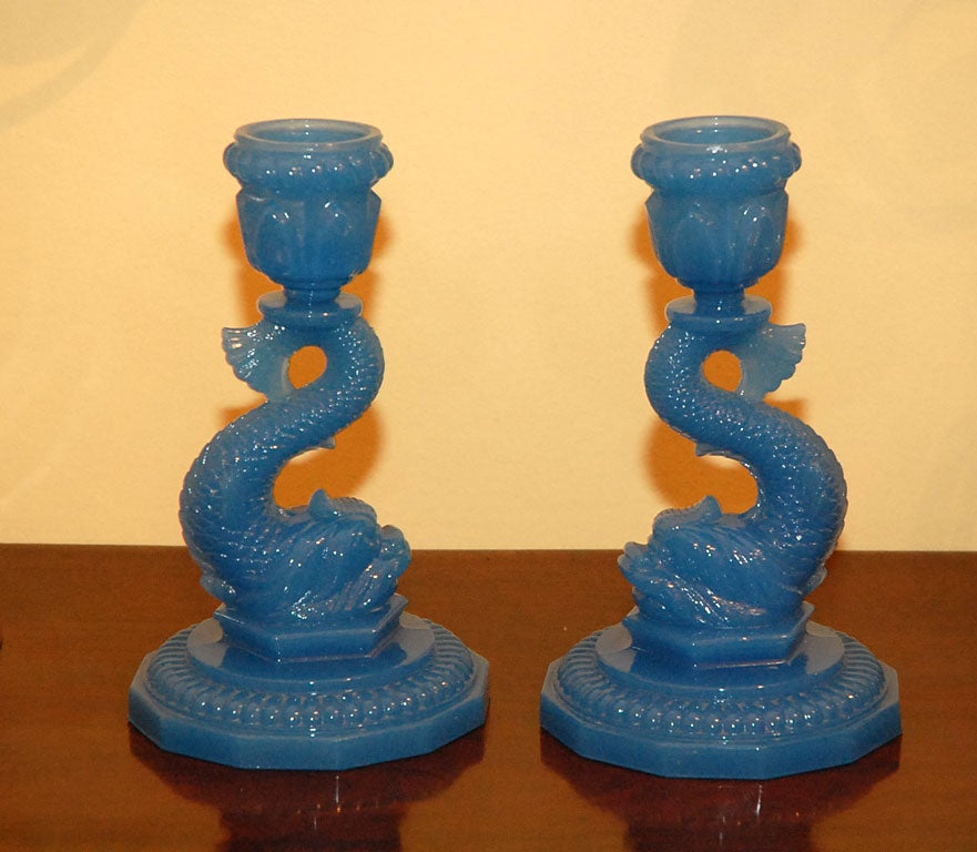 Pair of Blue Opaline Dolphin Motif Candlesticks