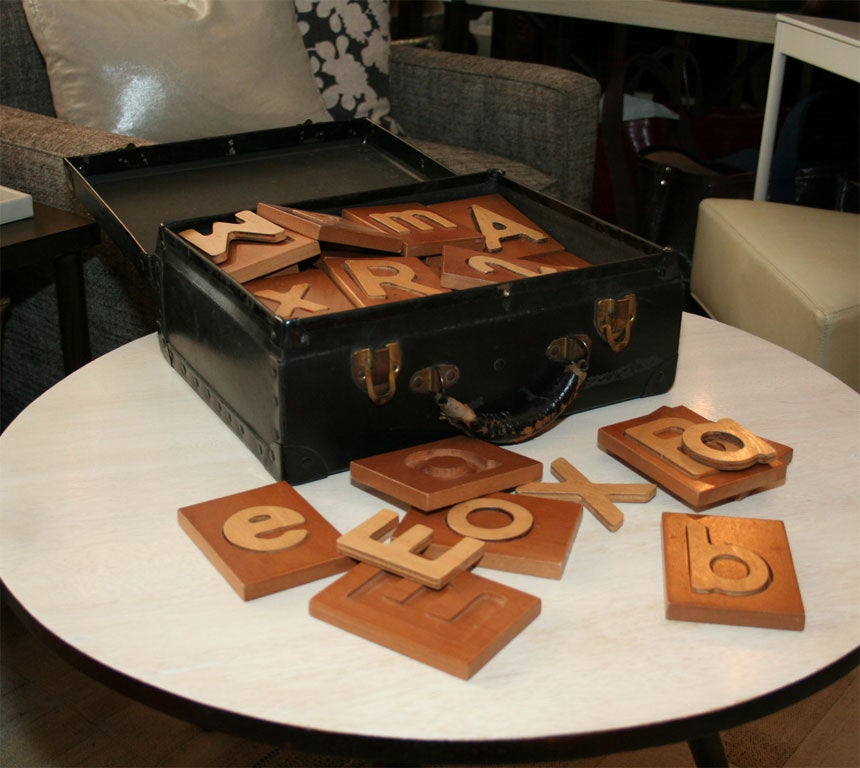 Handmade wooden alphabet set, circa 1940, set consists of numbers 0 through 9, uppercase alphabet excluding L, lowercase excluding g and l.