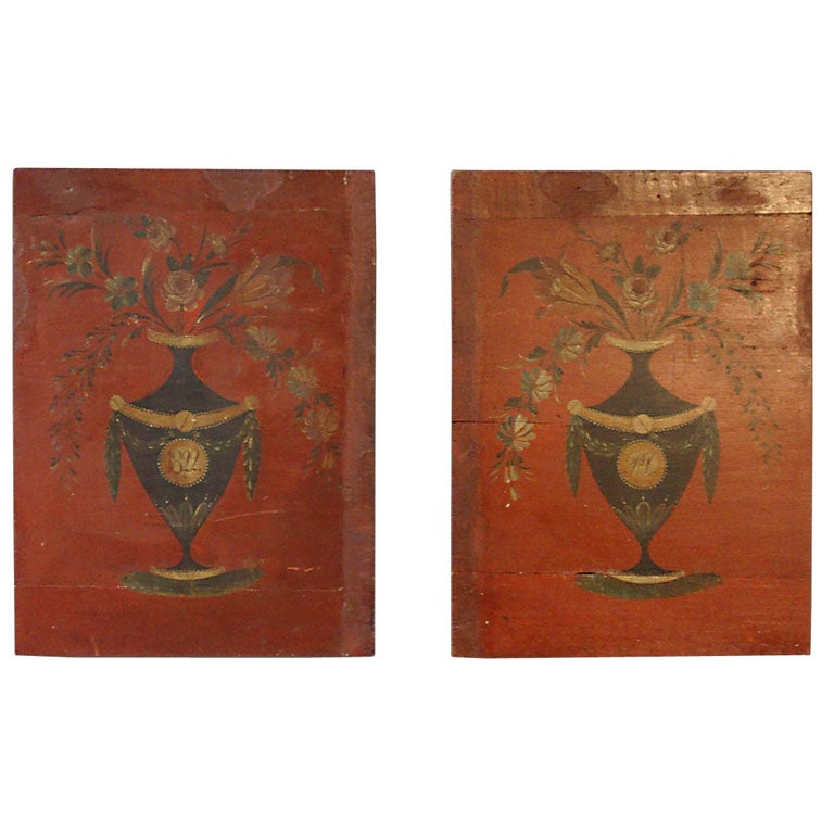 Pair of Paint Decorated Wooden Panels For Sale