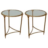 Pair of Round Brass, Steel and Glass Occasional Tables