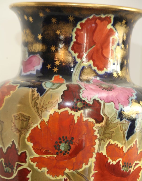English Doulton Burslem Monumental Art Nouveau Polychrome, Cobalt Blue & Sage Vase